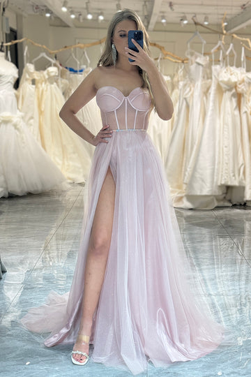 Pink Sparkly Strapless Tulle Corset Prom Dress with Slit